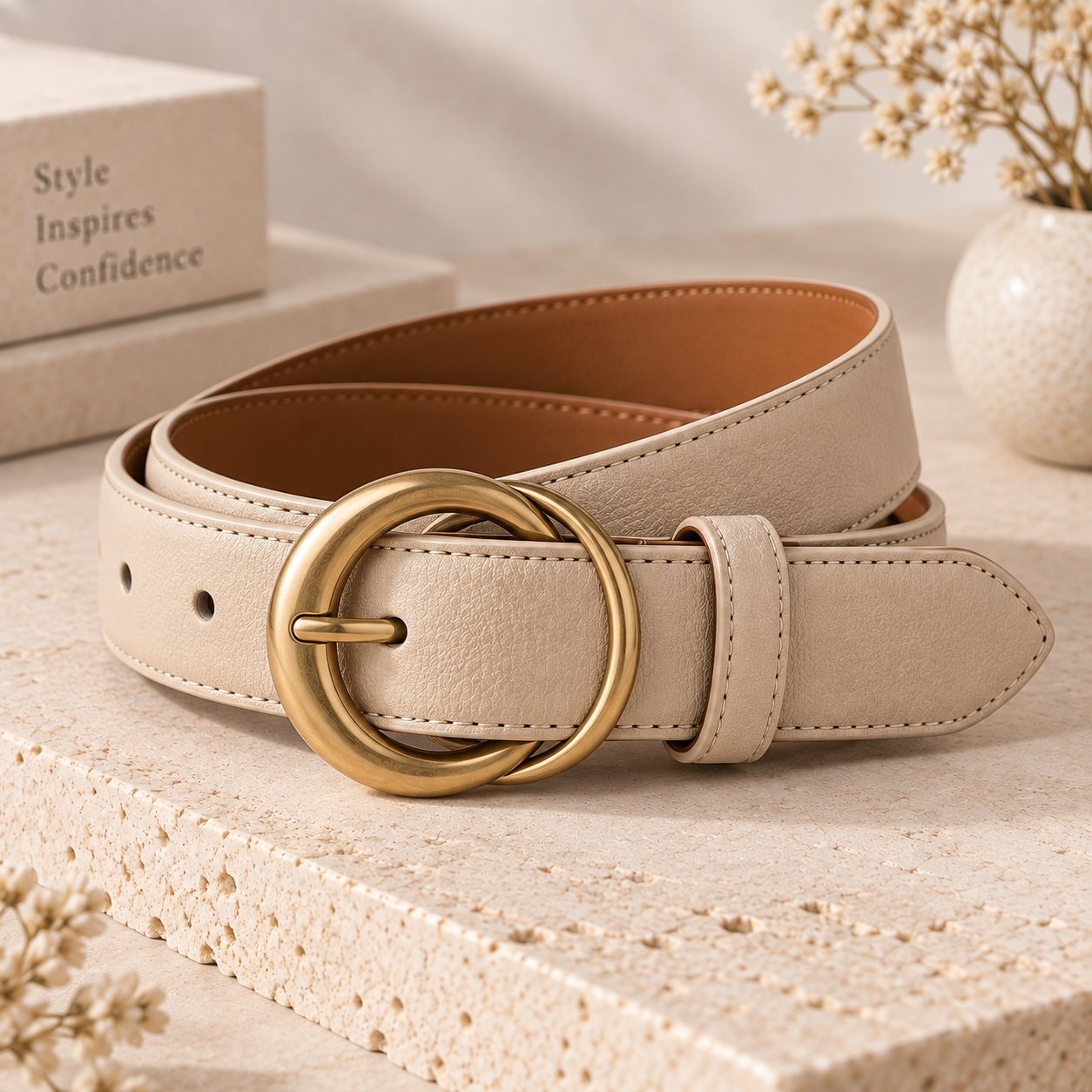 Ivory Double Ring Leather Belt